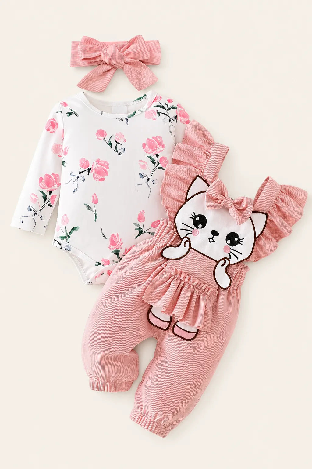Conjunto Bebê Gatinha Jardim Rosa 3 Peças