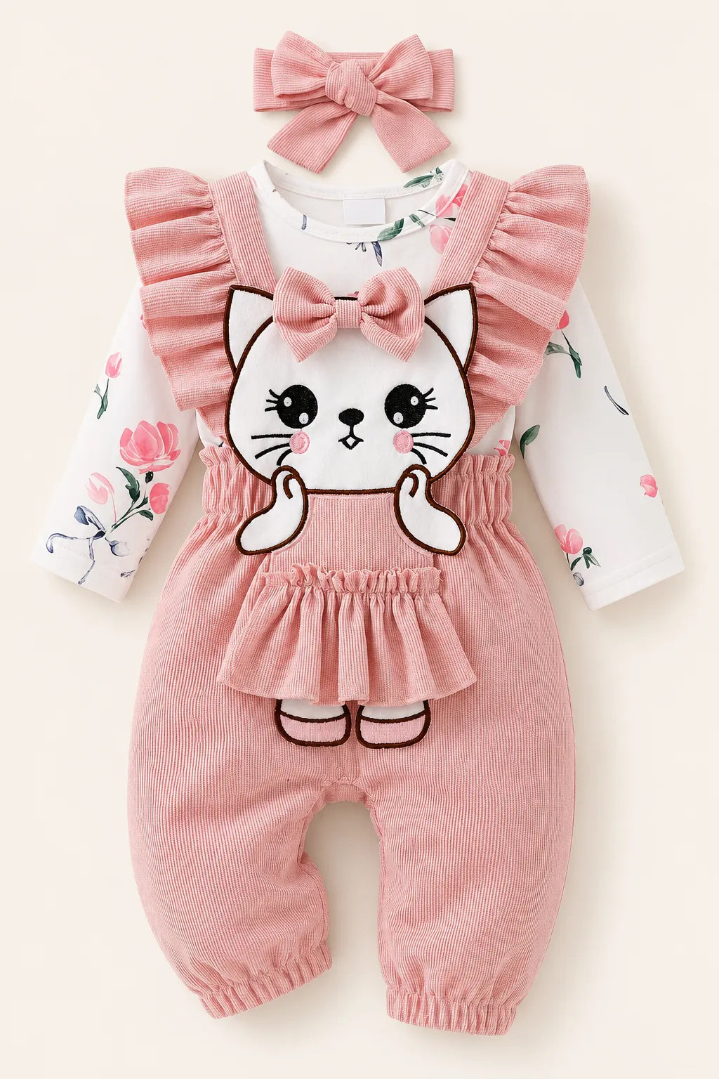 Conjunto Bebê Gatinha Jardim Rosa 3 Peças