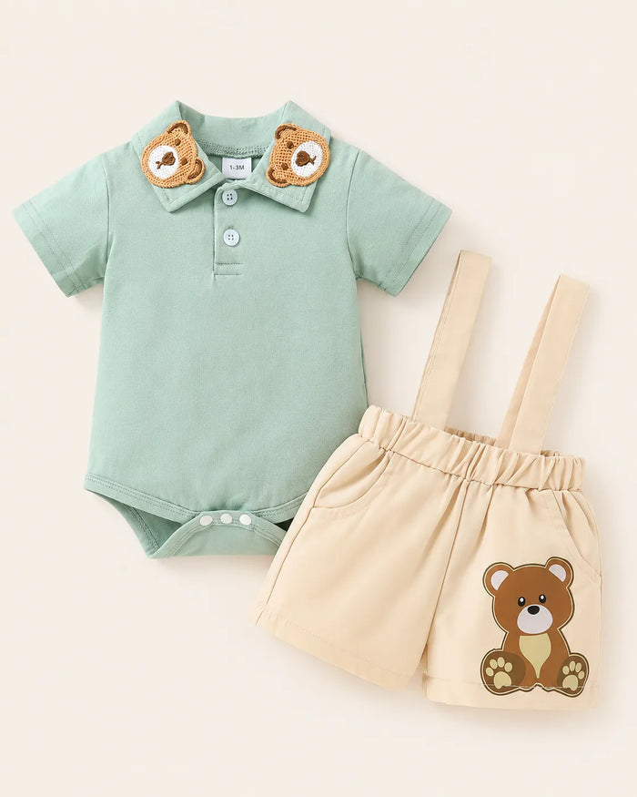 Conjunto Bebê 2 Peças Ursinho Mint com Suspensório