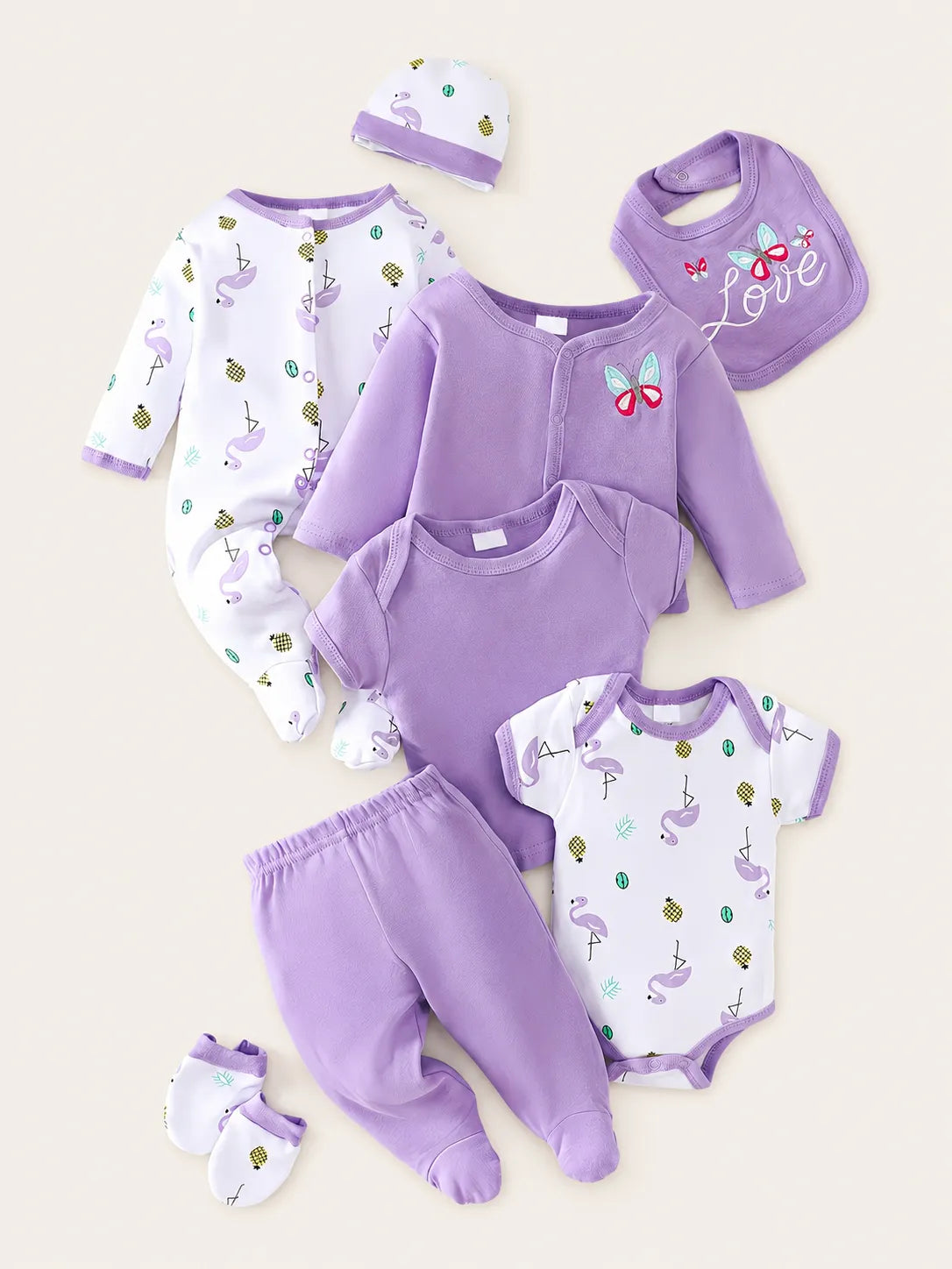 Conjunto Bebê Flamingo Lilás 8 Peças