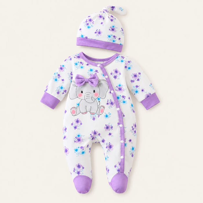 Macacão Bebê Elefantinha Floral com Touca